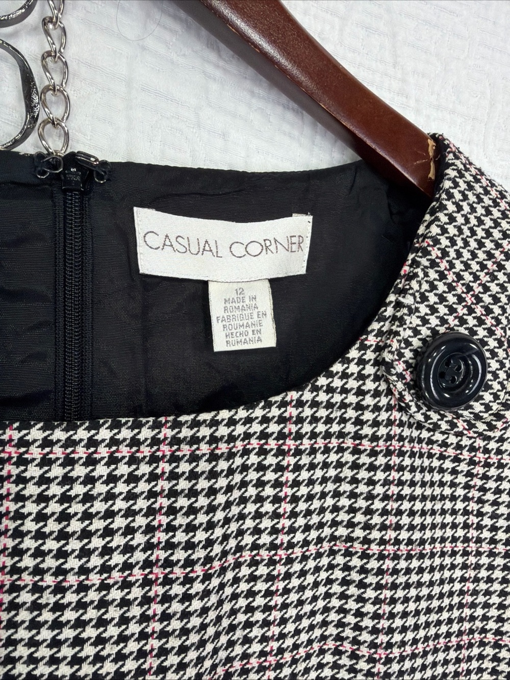 Vintage Casual Corner Houndstooth Dress Size 12 Black White Midi Sheath Lined - Picture 7 of 16
